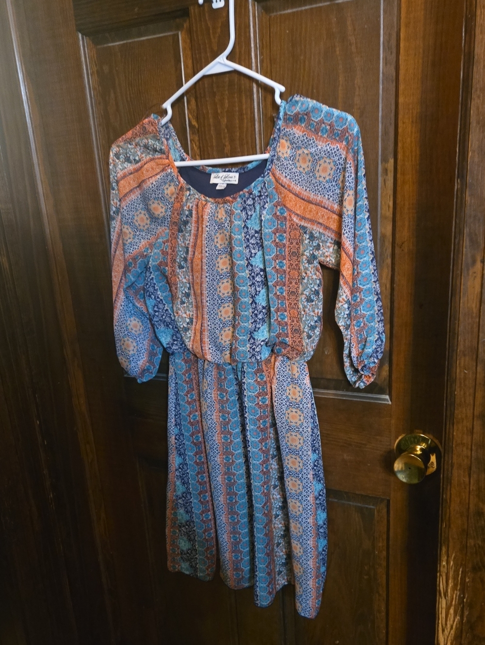 Boho-Print Long Sleeve Midi Dress in Blue & Orange